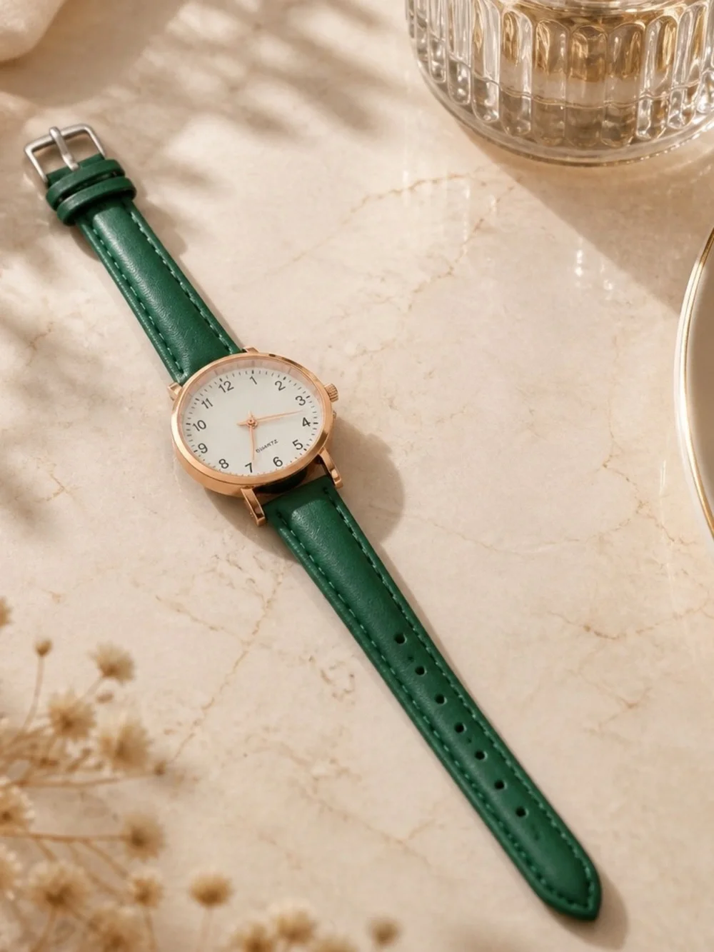 Geneva Green Leather Band w/ Gold Trim Quartz Wrist Watch Adjustable Band